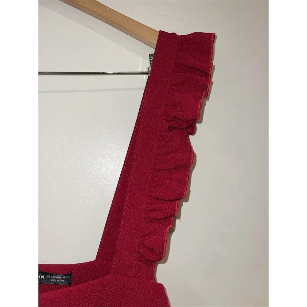Wine Red Fit &‎ Flare Pinafore Mini Skirt Kawaii Ruffle Straps Sz L Overall